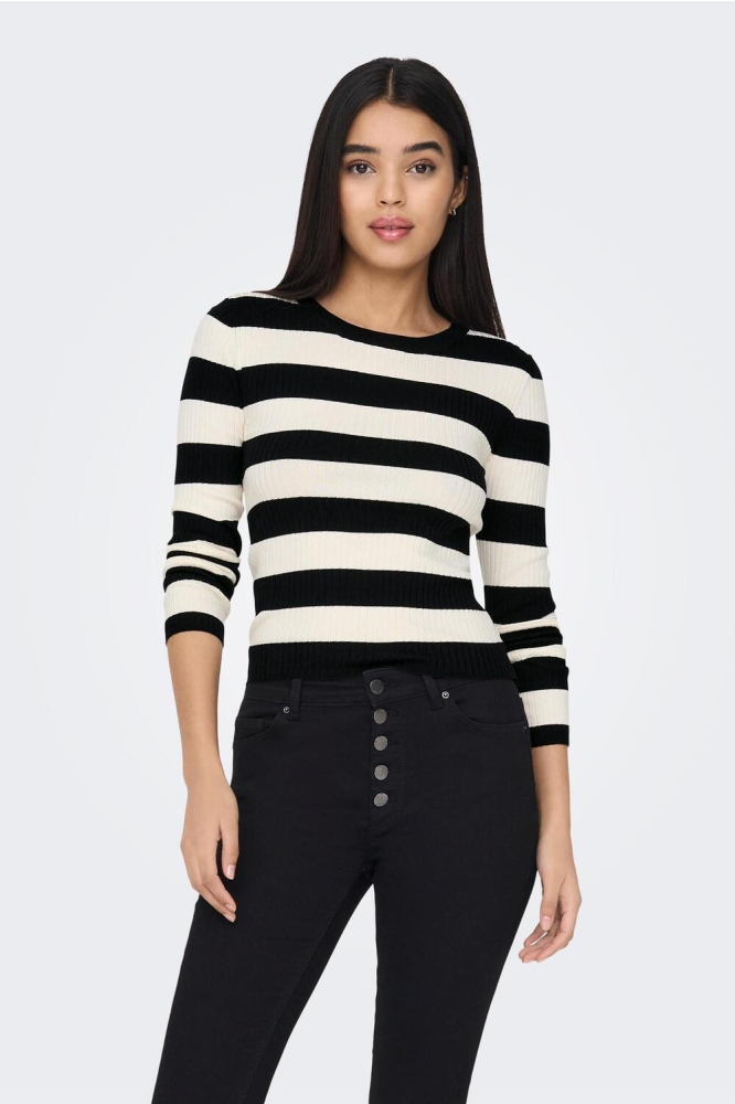 JDYPLUM L/S O-NECK STRIPE PULLOVER 15277223 BLACK/EGGNOG